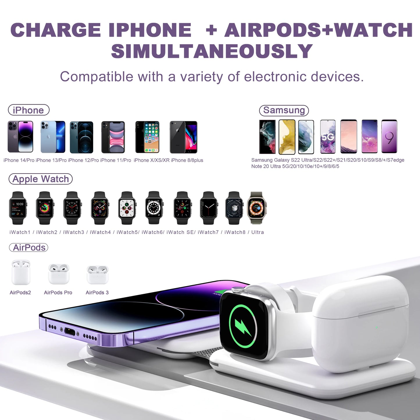 3 in 1 MacSafe Wireless Charger Station Induction Fast Qi 15W Original For iPhone 14 13 12 Pro Max Apple Watch Airpods Xiaomi