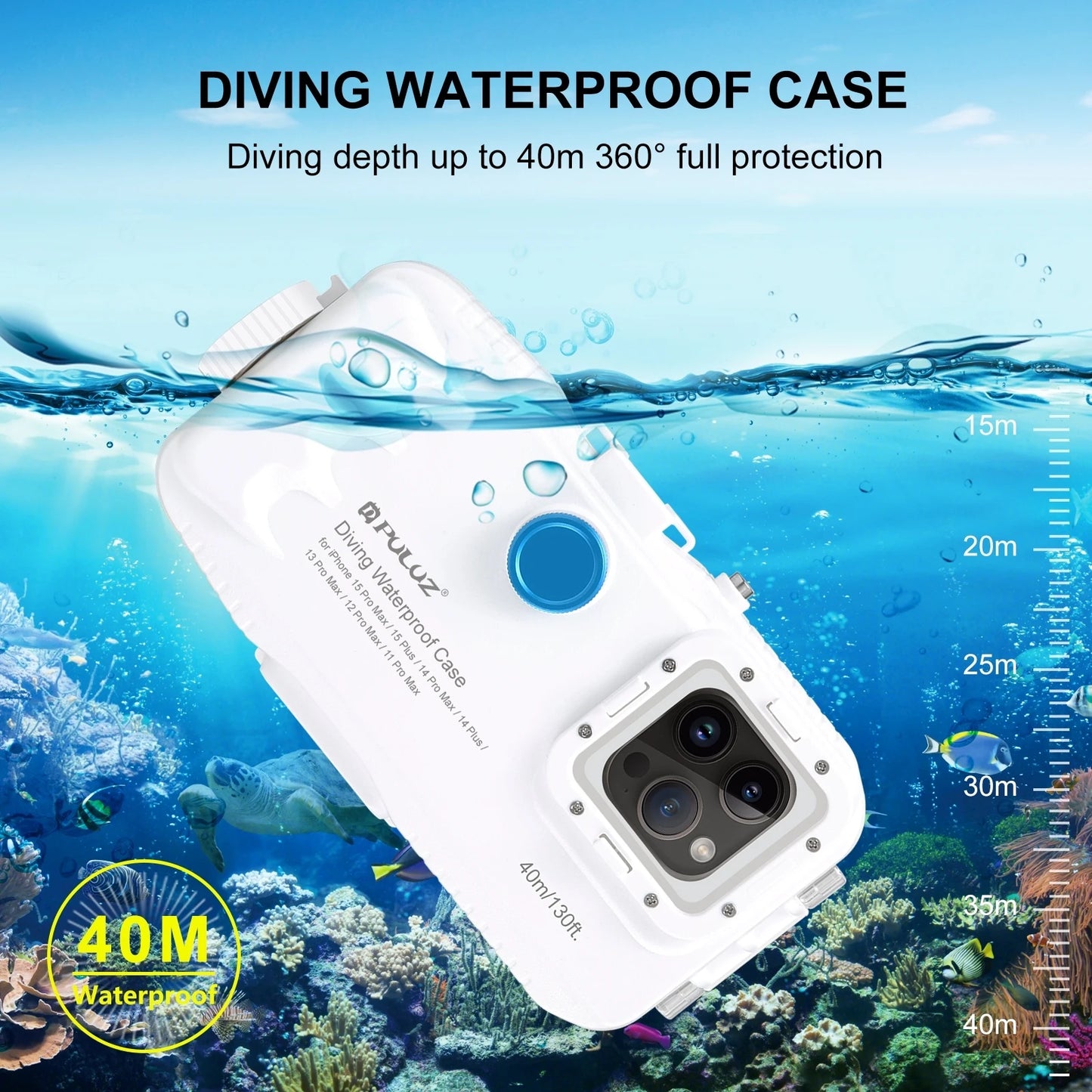 PULUZ 40m/130ft Waterproof Diving Case for iPhone 15 14 13 12 11 Pro Max Plus with One-way Valve Underwater Video Housing Cover