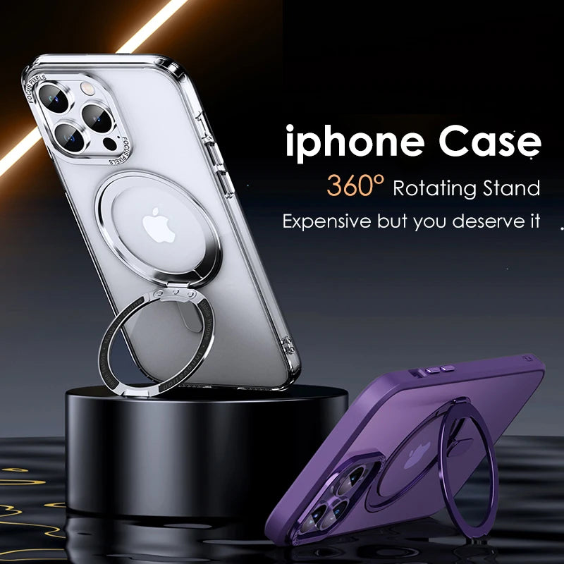 Magnetic 360°Rotation Stand Phone Case For iphone 11 12 13 14 15 Pro Max 15Plus With Ring Holder Frosted Transparent Cover Funda