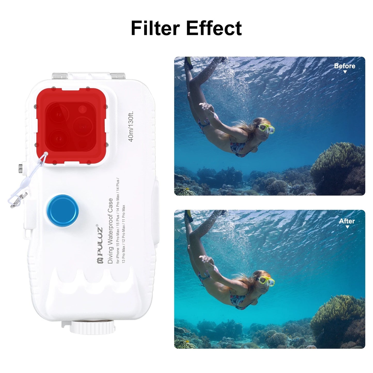 PULUZ 40m/130ft Waterproof Diving Case for iPhone 15 14 13 12 11 Pro Max Plus with One-way Valve Underwater Video Housing Cover