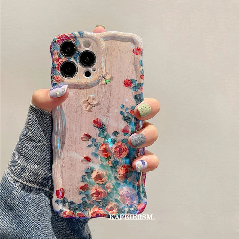 Laser Blue Light Flowers Phone Case For iPhone 14 Pro Max 11 12 13 Pro Max 14Pro 13Pro Luxury Shockproof TPU Soft Silicone Cover