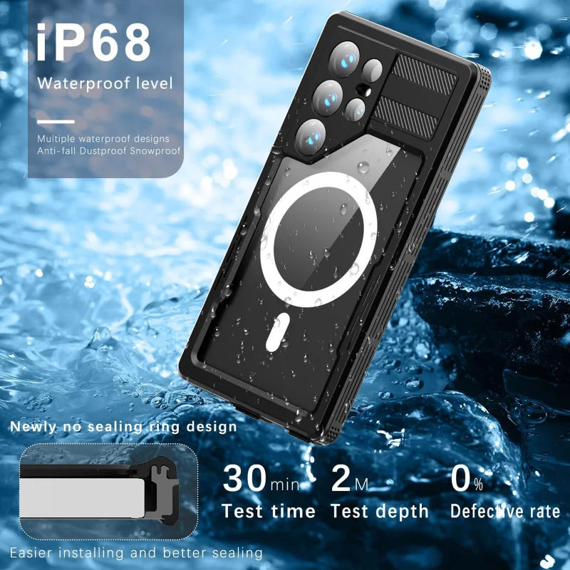 IP68 Waterproof Hard Phone Case For Samsung Galaxy S24 Ultra S24 Plus with Screen Protector Magnetic for Wireless Charging Cover