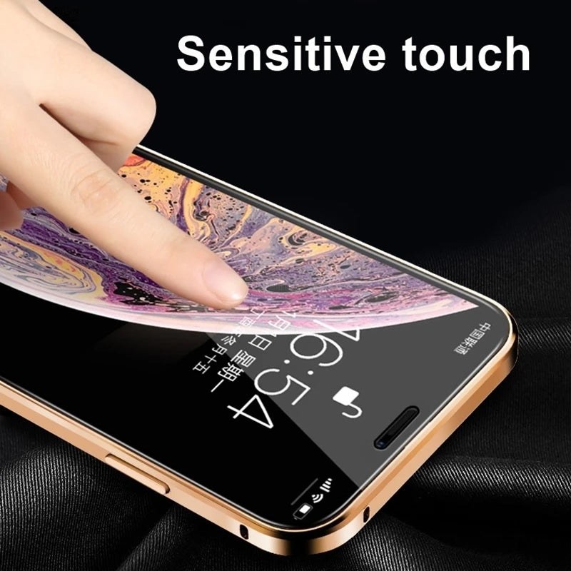 Magnetic Tempered Glass Privacy Metal Case For iphone 15 14 13 12 XR 11 Pro MAX X 7 8 6 Plus 360 Magnet Antispy Protective Cover