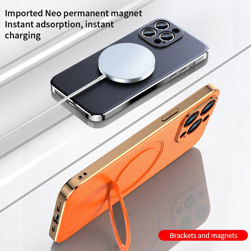 leather Magnetic Ring Holder case For iPhone 15 14 Pro Max 13 12 Wireless Charging Camera lens Protective magsafe cases