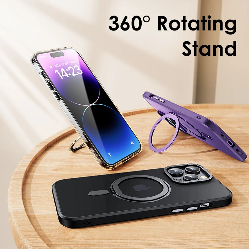 Magnetic 360°Rotation Stand Phone Case For iphone 11 12 13 14 15 Pro Max 15Plus With Ring Holder Frosted Transparent Cover Funda